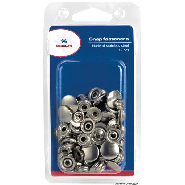 Trykknapper 17mm inkl. verktøy, 15 sett, Rustfritt stål