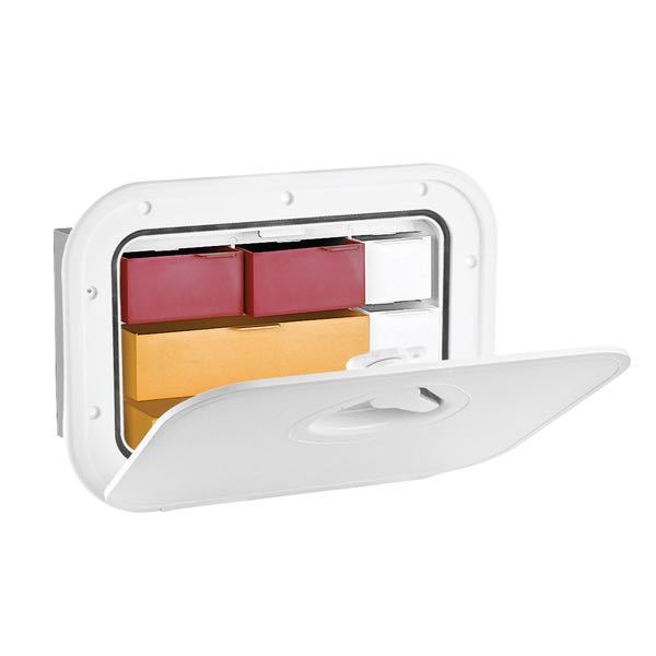 Nuova Rade, Innbyggingsboks med luke og 9 skuffer, Hvit, 160 mm dybde, 375 mm høyde, 275 mm lengde, 210 x 310 mm monteringshull