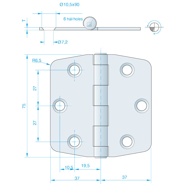 Roca, Hinge RF, 74x75mm, Rustfritt stål AISI 304