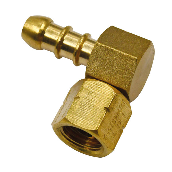 90º vinklet gasskobling 1/4" vänster til 8 mm studs, messing
