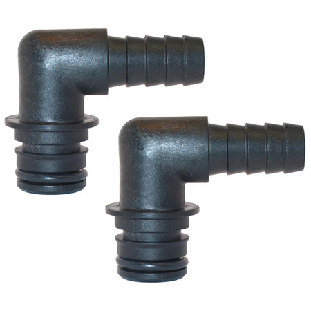 Jabsco slangestuds monteret på hvid pumpe, set forfra
