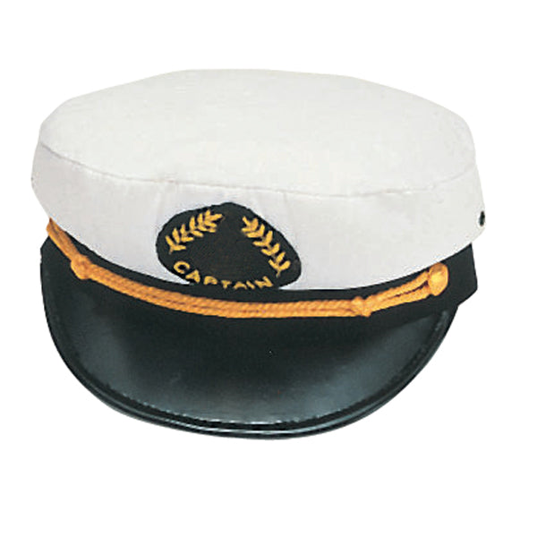 Kapteinslue hvit, størrelse 57, m/svart, med gul snor og brodert emblem