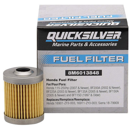 Quicksilver brændstoffilter vist fra siden, ideelt til bådmotorer med 115-250 hk.