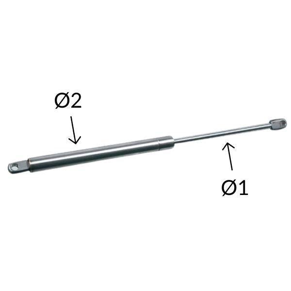 Sidevisning af SeaTec gasfjeder, fremhæver dimensioner og design.